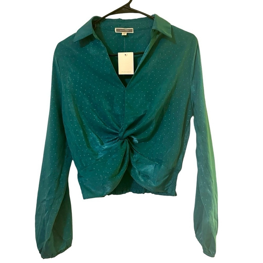 NWT Pleione Satin Twist Front Cropped Blouse Turquoise Green